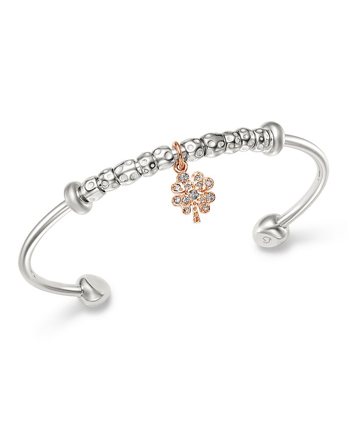Dodo Sterling Silver Four-leaf Clover Charm Brown Diamond Cuff In Rose Gold/silver