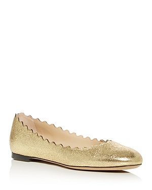 Chloé Lauren Scalloped Metallic Cracked-leather Ballet Flats In Deep Gold Leather Crackled Leather
