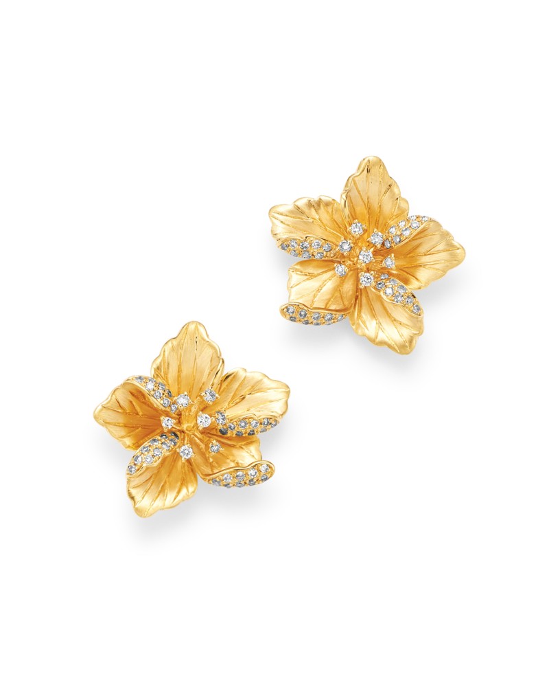 Bloomingdale's Fine Collection Diamond Flower Earrings in 14K Textured Yellow Gold, 0.30 tcw in White/Gold