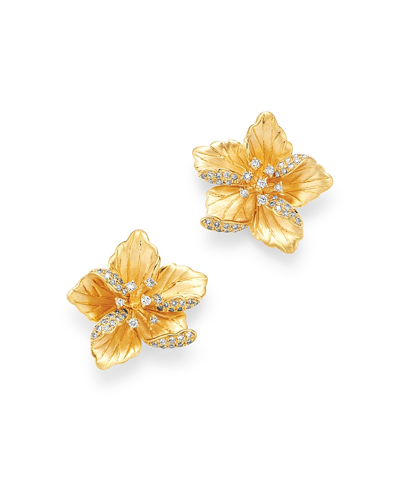 Bloomingdale's Fine Collection Diamond Flower Earrings in 14K Textured Yellow Gold, 0.30 tcw