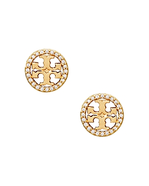 Tory Burch Crystal Logo Circle Stud Earrings In Tory Gold