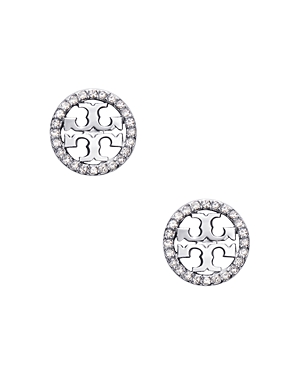 Shop Tory Burch Crystal Circle Logo Stud Earrings In Clear/silver