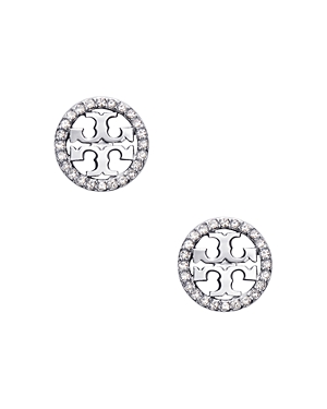 Tory Burch Crystal Logo Circle-stud Earrings In Clear/silver