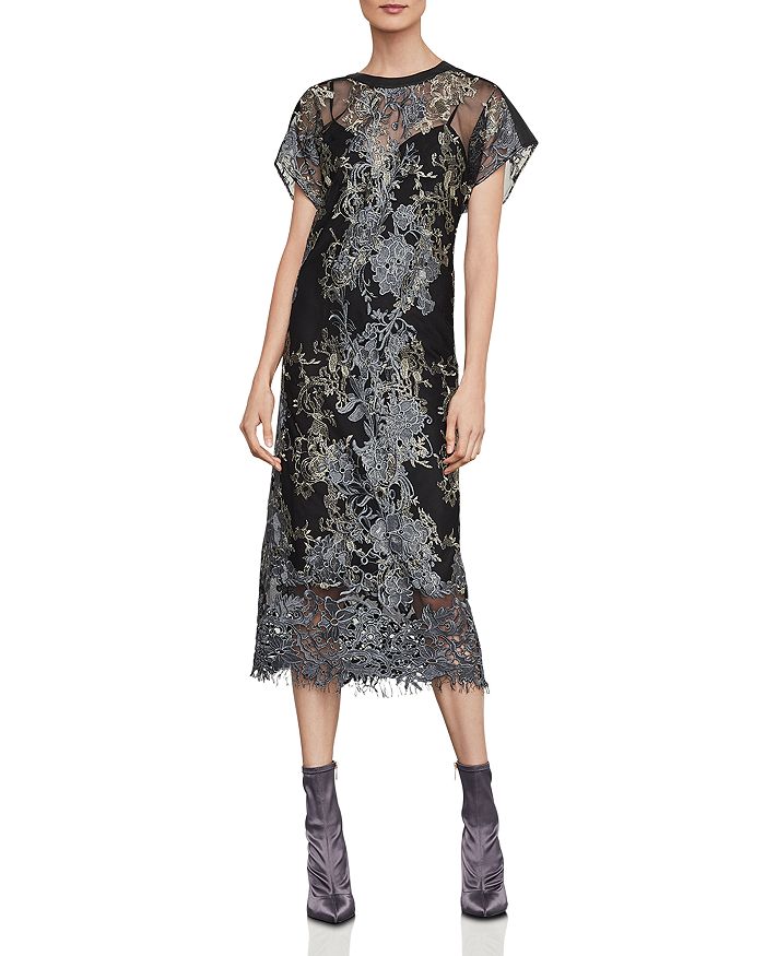 BCBGMAXAZRIA Metallic Embroidered Midi Dress Bloomingdale s