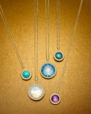 18K Yellow Gold Lollipop Turquoise Mini Pendant Necklace with Pav&eacute; Diamonds, 18"