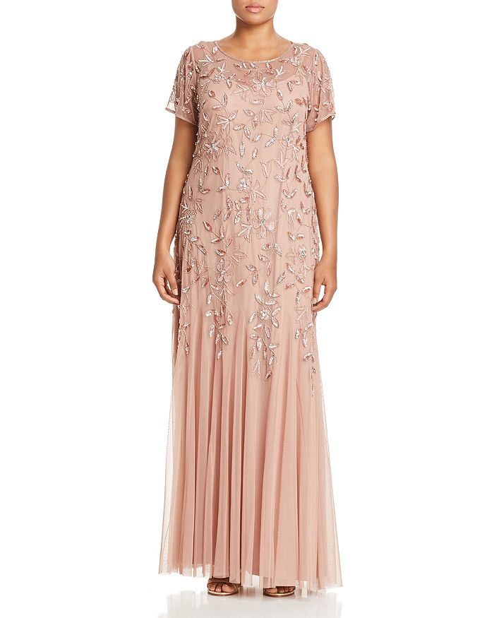 Adrianna Papell Plus Floral Embellished Godet Gown In Rose Gold