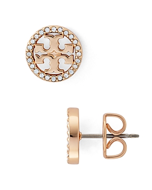 Shop Tory Burch Crystal Circle Logo Stud Earrings In Clear/rose Gold