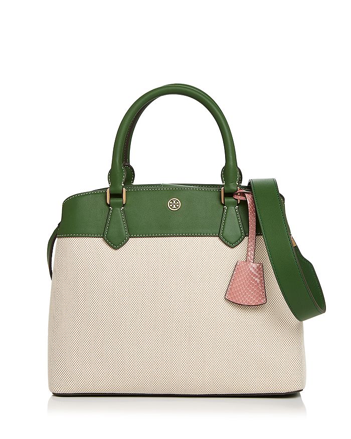 Tory Burch Robinson Canvas Color-block Tote In Natural/green/gold