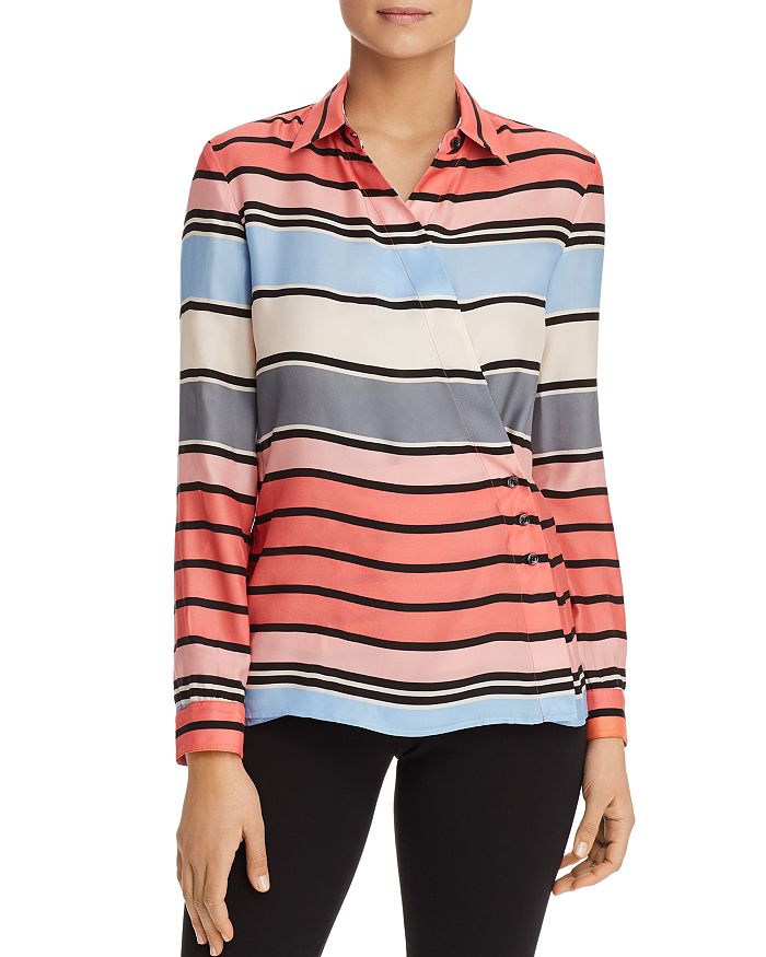 Armani Collezioni Emporio Armani Striped Crossover Silk Shirt In Multicolor