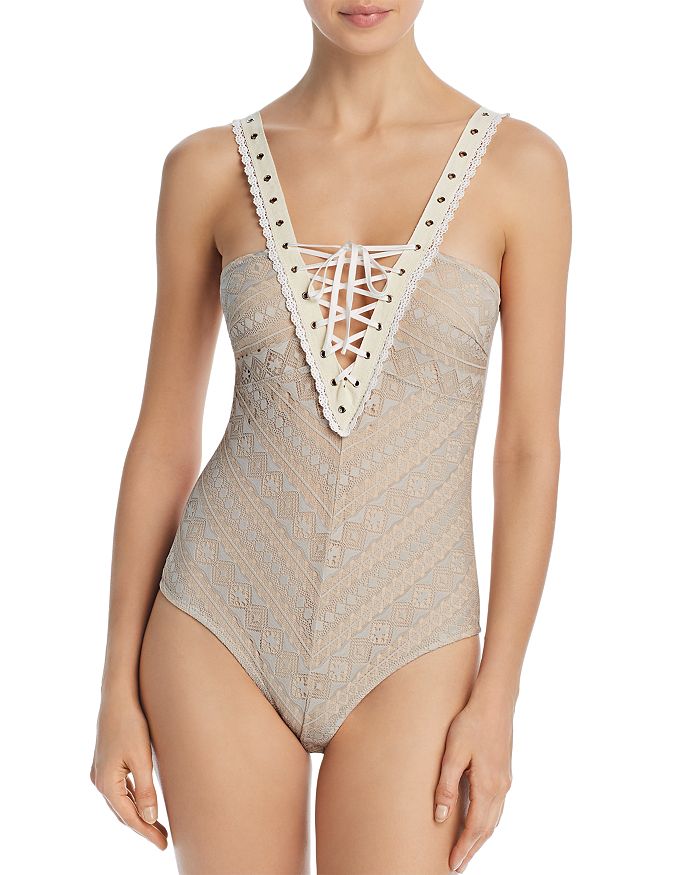 Thistle & Spire Bleeker Lace-up Bodysuit In Dove