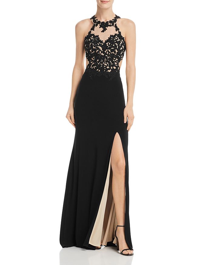 Avery G Embroidered Illusion Gown In Black/nude