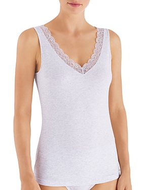 Hanro Cotton Lace V-neck Tank In Ceramic Melange