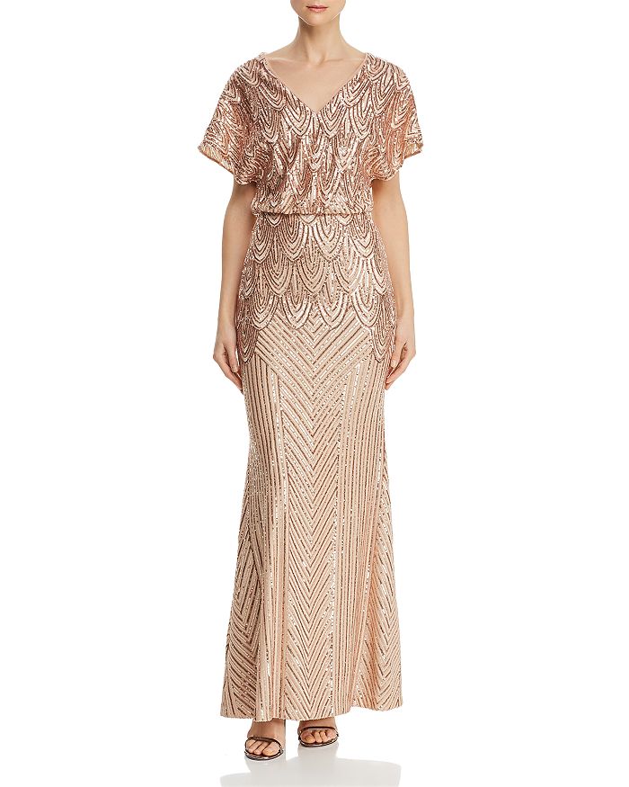 Aqua Sequined Blouson Gown - 100% Exclusive In Peach/nude