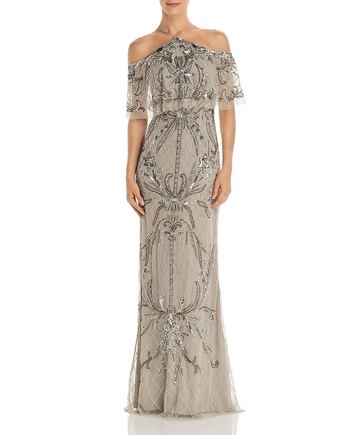 Aidan Mattox Cold Shoulder Beaded Gown In Silver