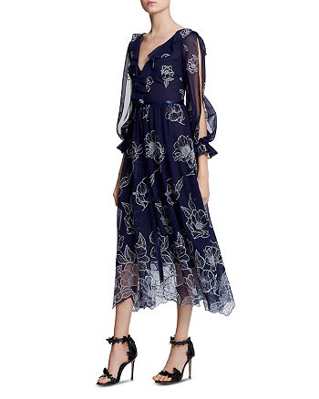 MARCHESA NOTTE Embroidered Chiffon Midi Dress | Bloomingdale's