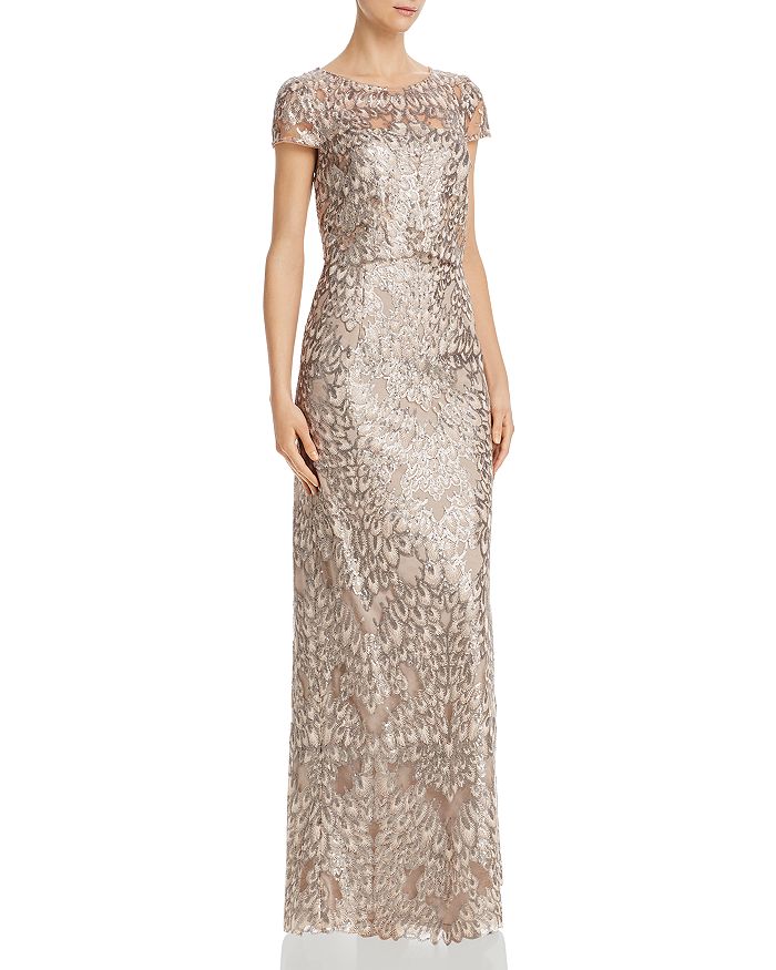 Adrianna Papell Sequin Popover Column Gown In Antique Gold | ModeSens