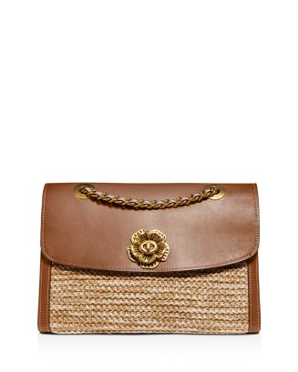 COACH Parker Medium Raffia & Leather Shoulder Bag | Bloomingdale's