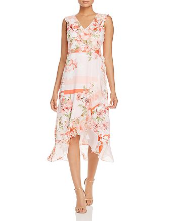 Calvin Klein Sleeveless Floral Faux-Wrap Midi Dress | Bloomingdale's