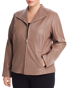 Cole Haan Plus Leather Zip Jacket In Taupe
