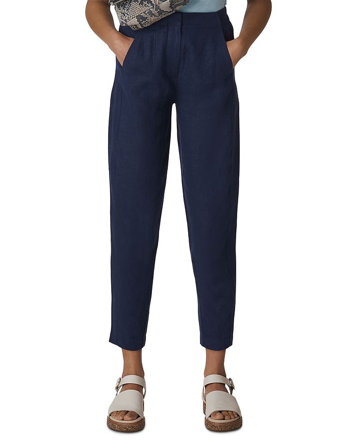 Whistles Cropped Tapered Linen Pants In Navy