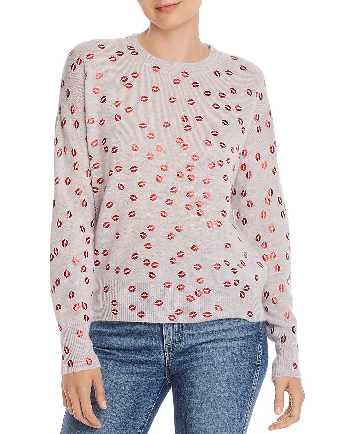 Aqua Cashmere Foil Lips Print Cashmere Sweater - 100% Exclusive In Dove/red
