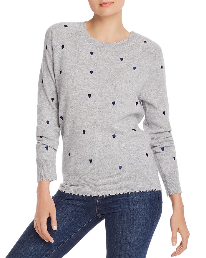 Aqua Cashmere Embroidered Heart Cashmere Sweater - 100% Exclusive In Gray/peacoat