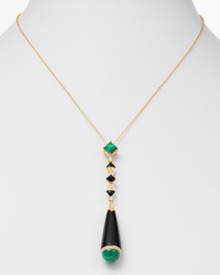 Black Onyx, Malachite & Diamond Pendant Necklace in 18K Yellow Gold, 18" 
