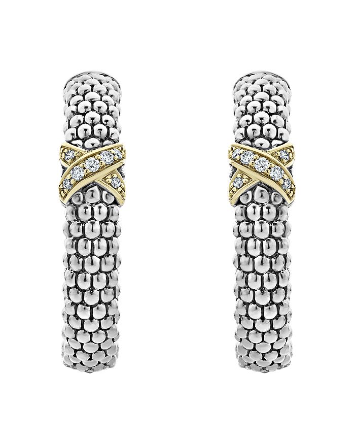 Shop Lagos Sterling Silver & 18k Yellow Gold Embrace Diamond Hoop Earrings In White/multi