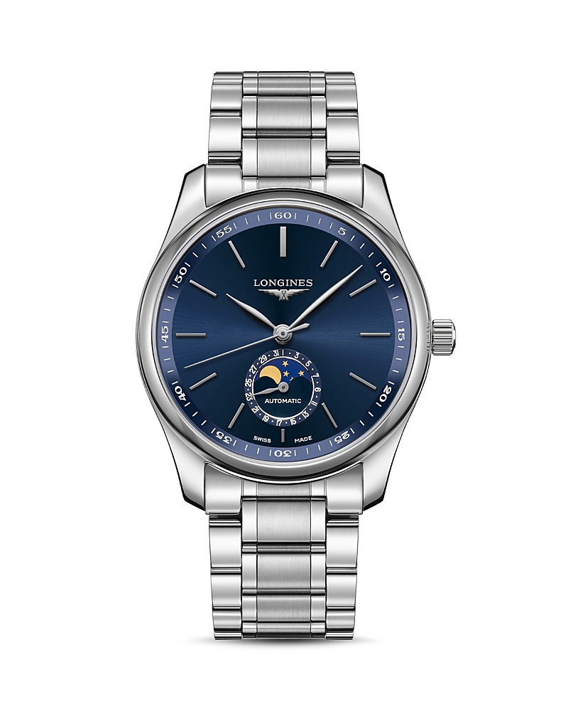 Longines L29194926 Master Collection Moonphase Stainless Steel Automatic Watch In Blue/silver