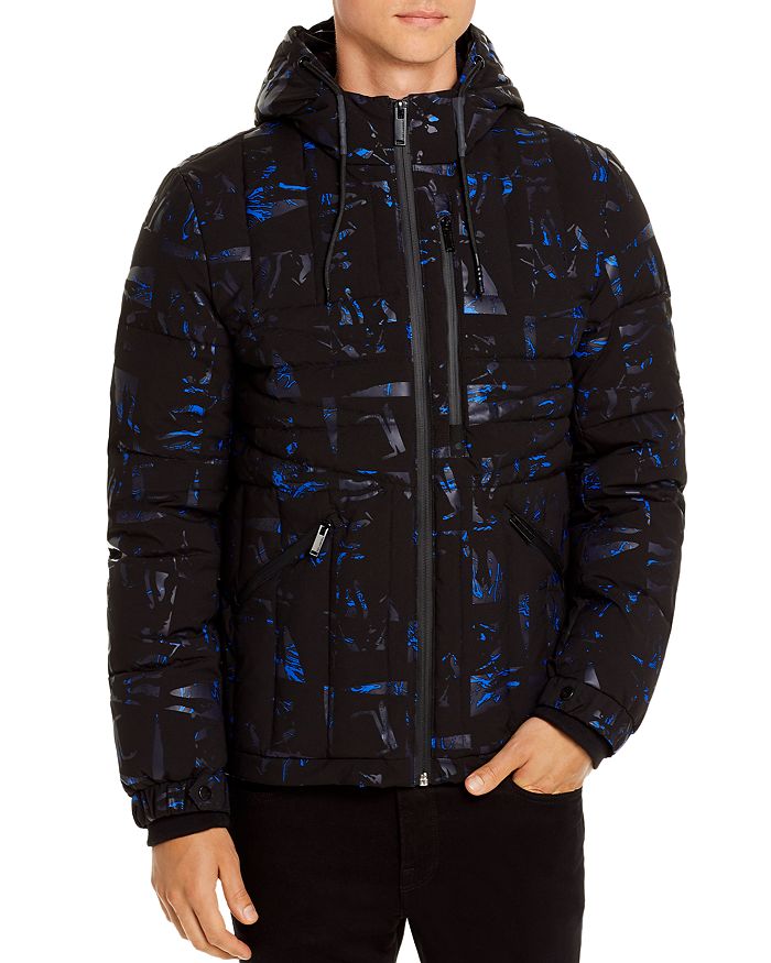 Karl Lagerfeld Men's Geometric Quilted Hooded Jacket In Black / Blue