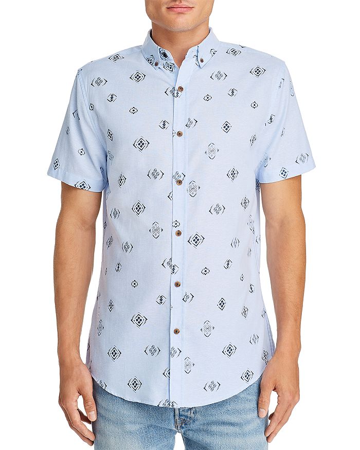 Sovereign Code Abbott Tile Print Short-sleeve Slim Fit Button-down Shirt In Tribal Sketch/light Blue
