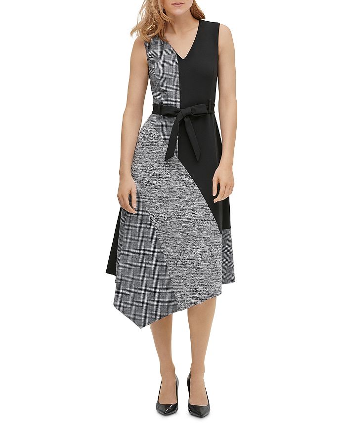 CALVIN KLEIN MIXED-MEDIA ASYMMETRIC BELTED DRESS,M9GBY944