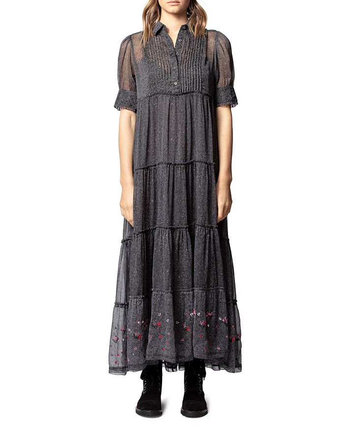 Zadig & Voltaire Rapidel Printed Embroidered-hem Maxi Dress In Gray