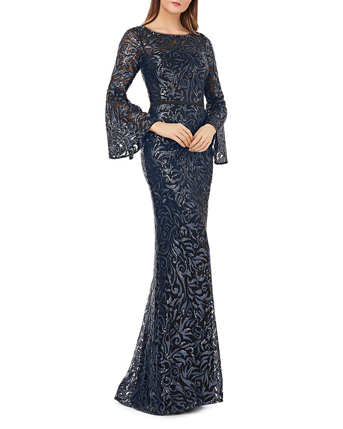 CARMEN MARC VALVO INFUSION SEQUINED BELL-SLEEVE GOWN,661801