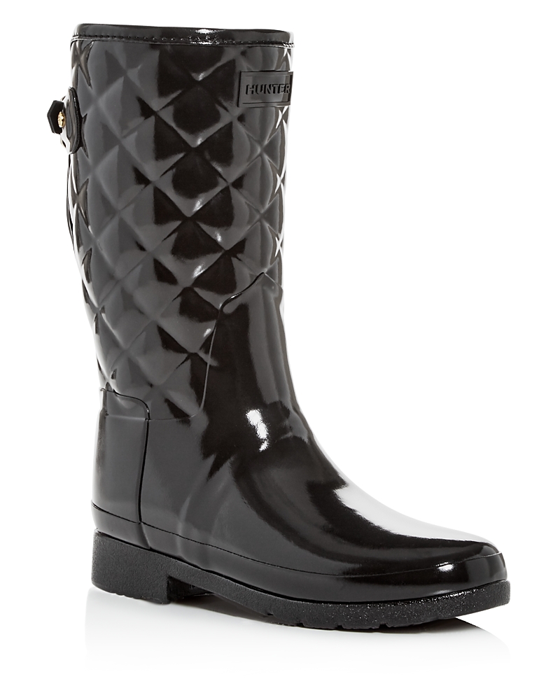 Hunter Refined High Gloss Quilted Short Waterproof Rain Boot In Black