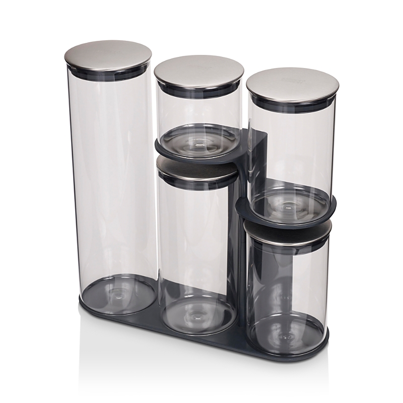 Joseph Joseph Podium 100 5-piece Glass Storage Jar Set With Stand In Silver