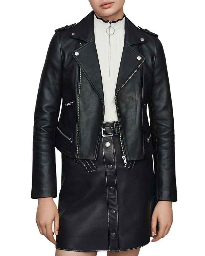 Shop Maje Basalt Leather Moto Jacket In Black