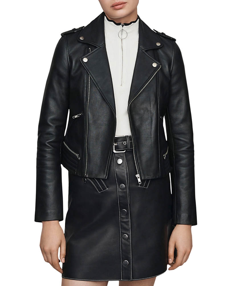 Maje Basaltm Leather Biker Jacket In Black