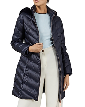 Ted Baker Millsa Faux Fur-Trimmed Quilted Down Coat In Dark Blue | ModeSens