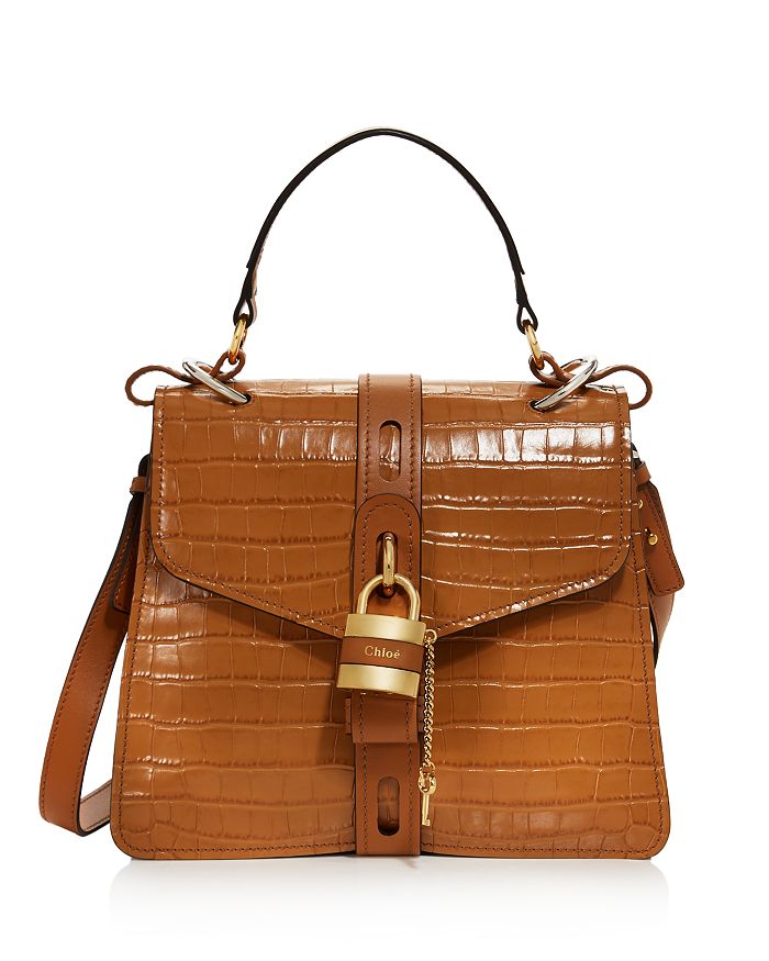 Chloé Aby Medium Croc-embossed Leather Satchel In Beige Brown/gold/silver