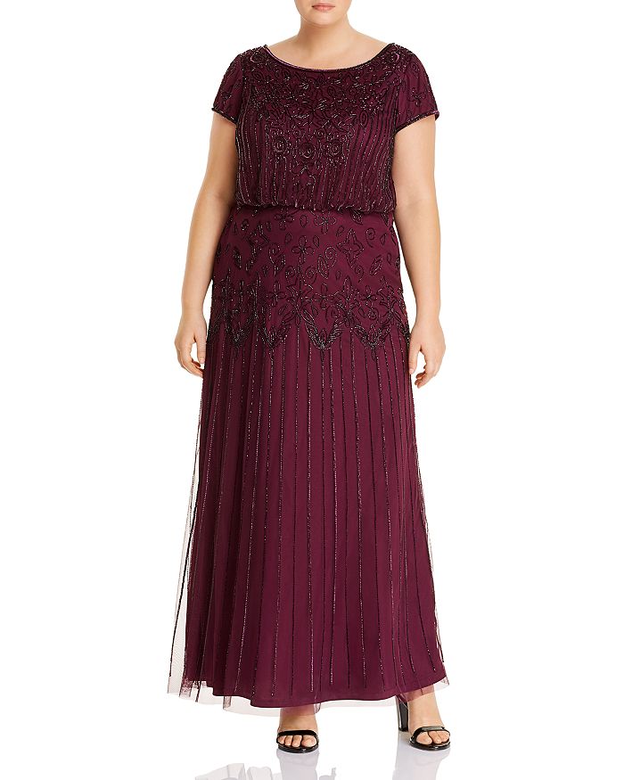 ADRIANNA PAPELL PLUS SHORT SLEEVE BEADED GOWN,191906601