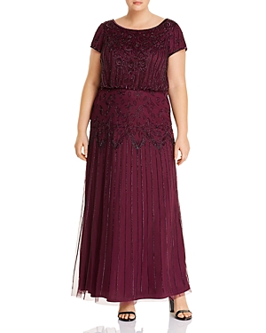 Adrianna Papell Plus Short Sleeve Beaded Gown In Cassis