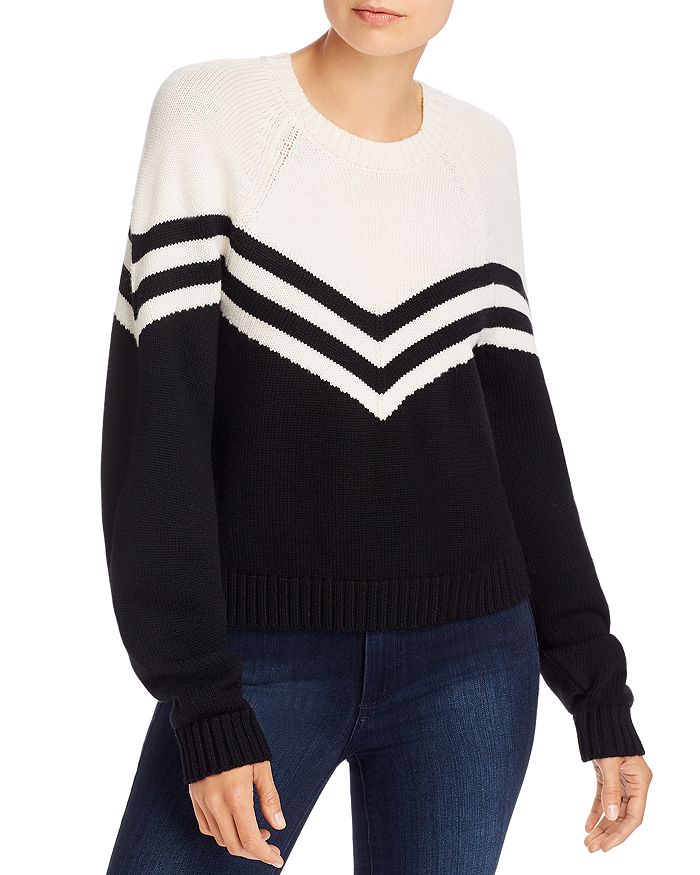 Milly Varsity Chevron Wool Sweater In White/black
