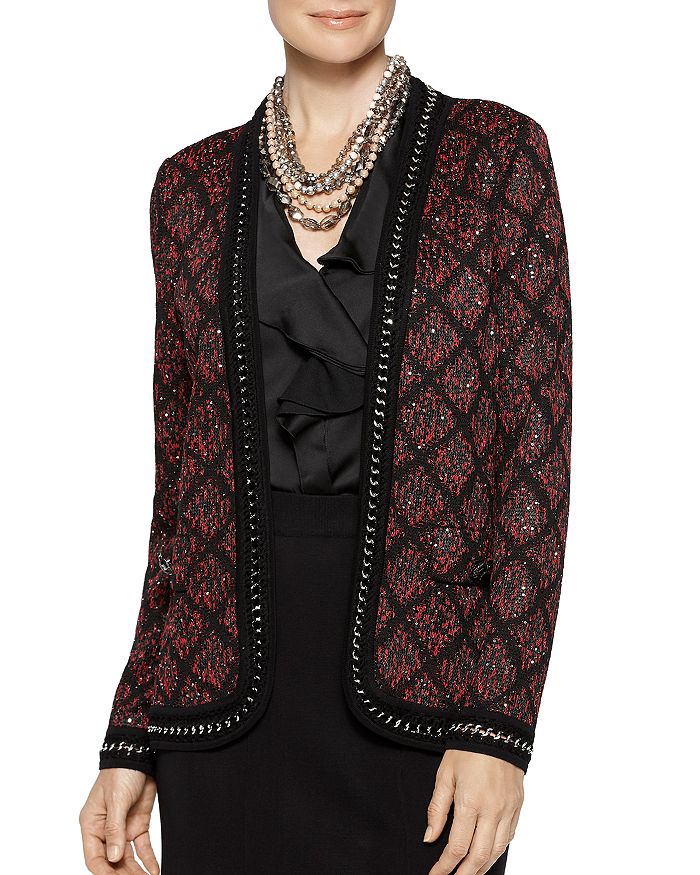 Misook Sequined Knit Jacket In Crimson/black