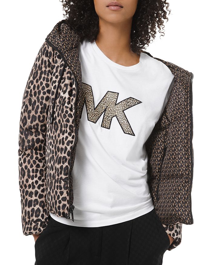 Michael Michael Kors Reversible Leopard & Logo Print Down Jacket In Dark Camel