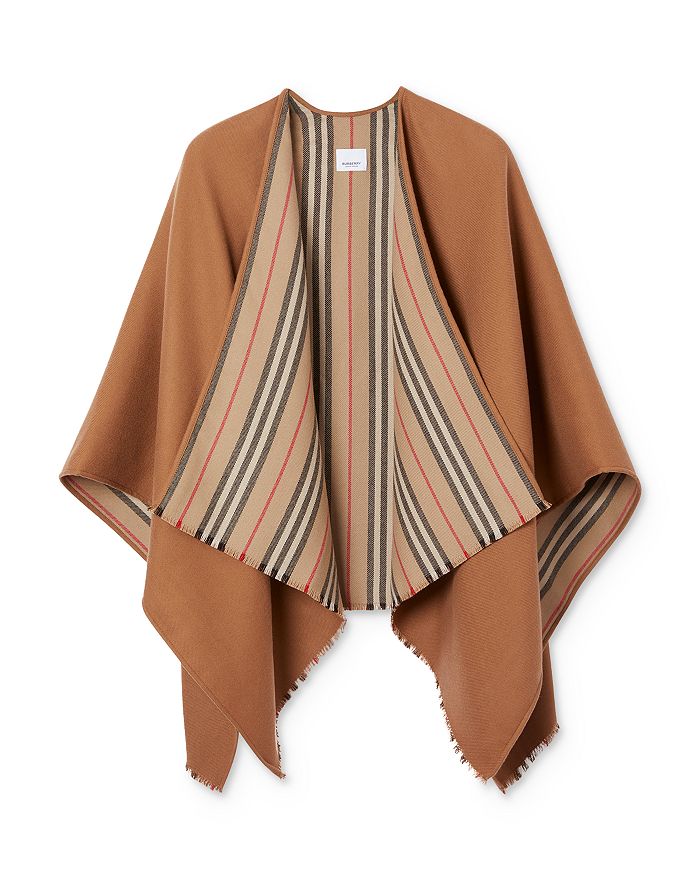 Burberry Icon-stripe Fringed Wool Cape In Flaxseed