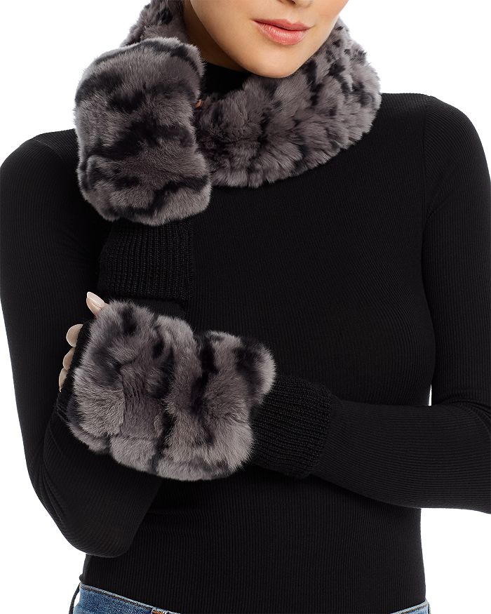 Jocelyn Knit Rabbit Fur Cowl & Rabbit-fur Trim Fingerless Mittens In Black/gray