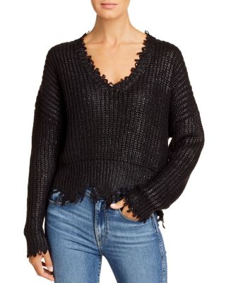 Elan Frayed-Edge V-Neck Sweater 