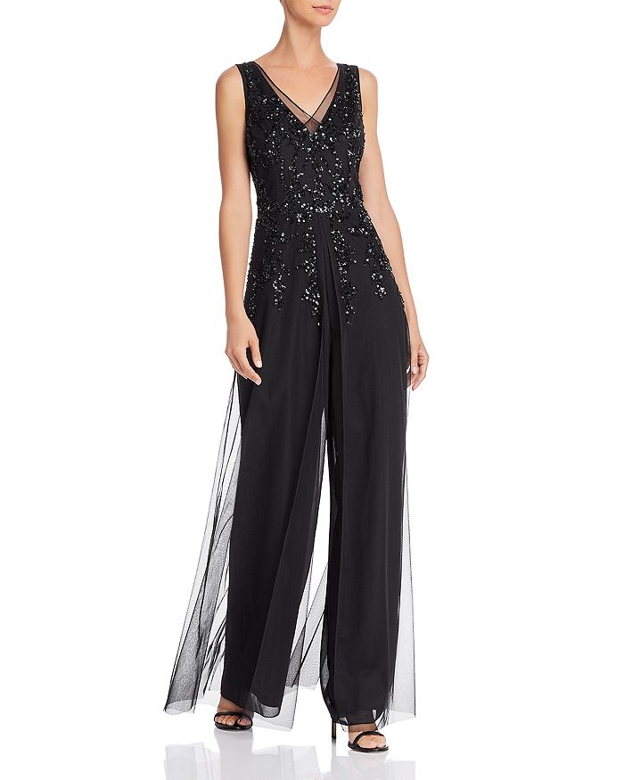 ADRIANNA PAPELL BEADED GEORGETTE JUMPSUIT WITH SKIRT OVERLAY,AP1E206320
