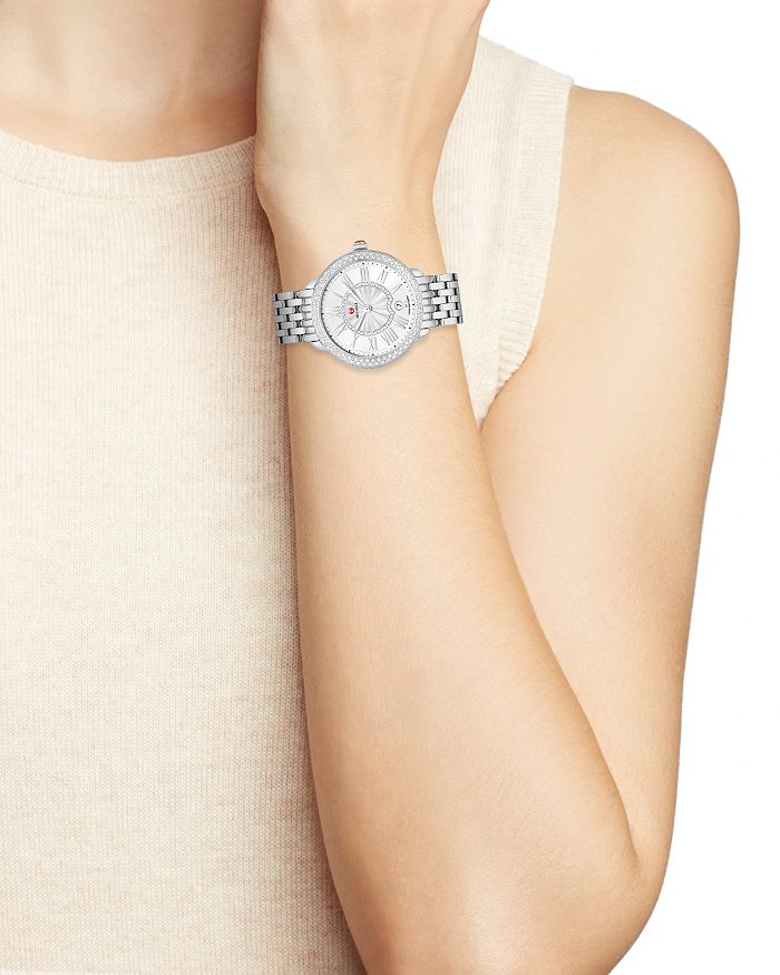 Shop Michele Serein Mid Stainless Steel Diamond Watch, 36mm In White/silver